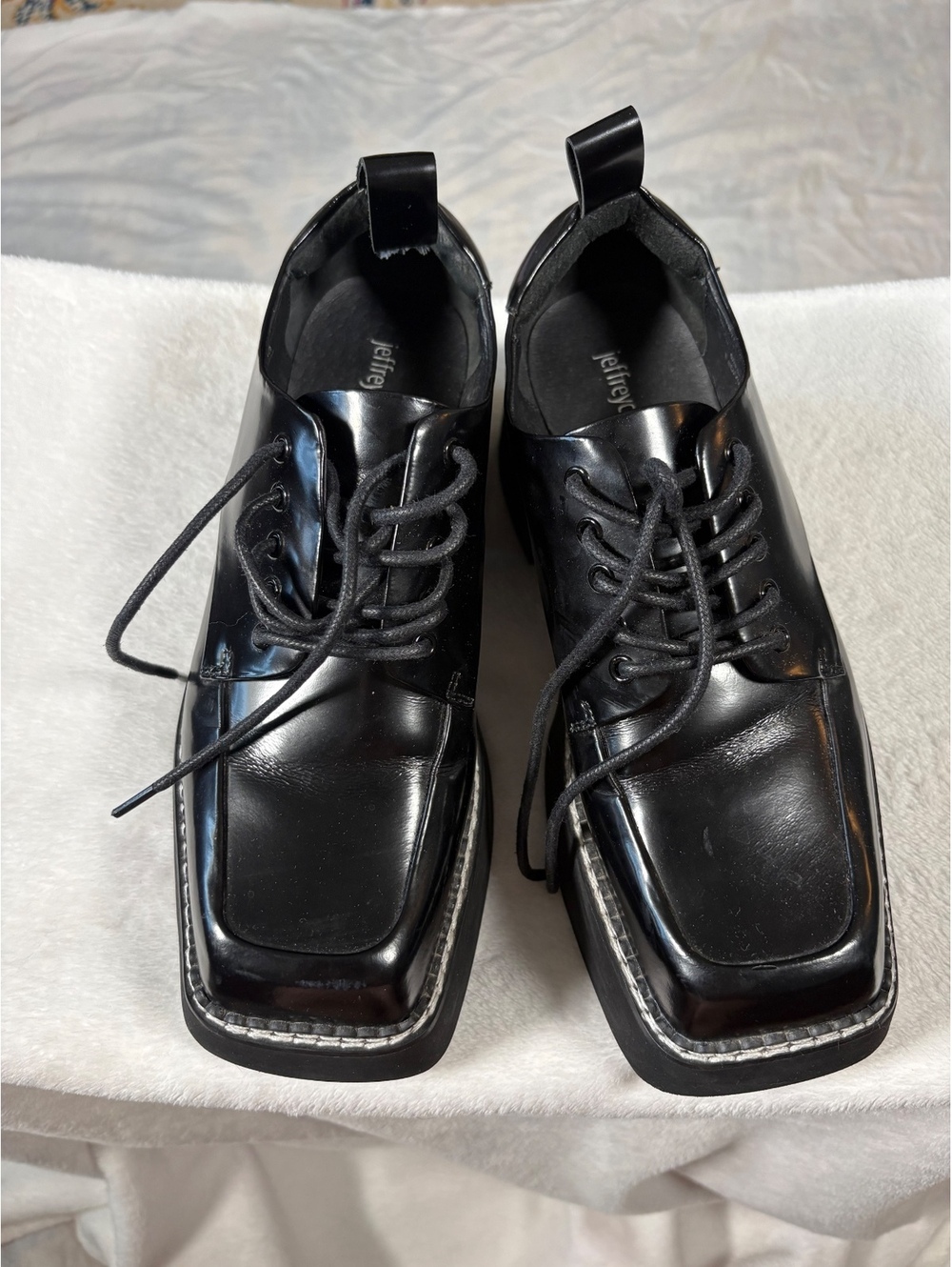 Jeffrey Campbell Black Leather Square Toe Platform Oxfords Derby Shoes Sz 7
